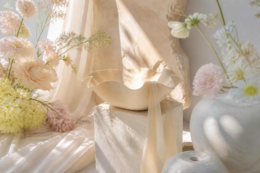 Champagne #F7E7CE flat-lay using the wedding / romantic color palette