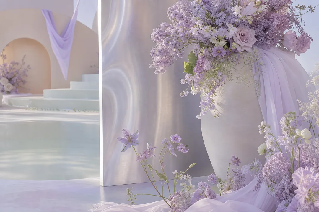 Lavender #E6E6FA flat-lay using the wedding / romantic color palette