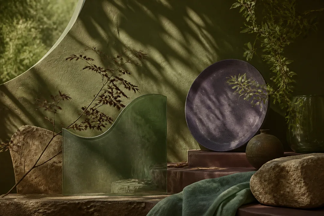 Olive Green #708238 flat-lay using the earthy / nature color palette