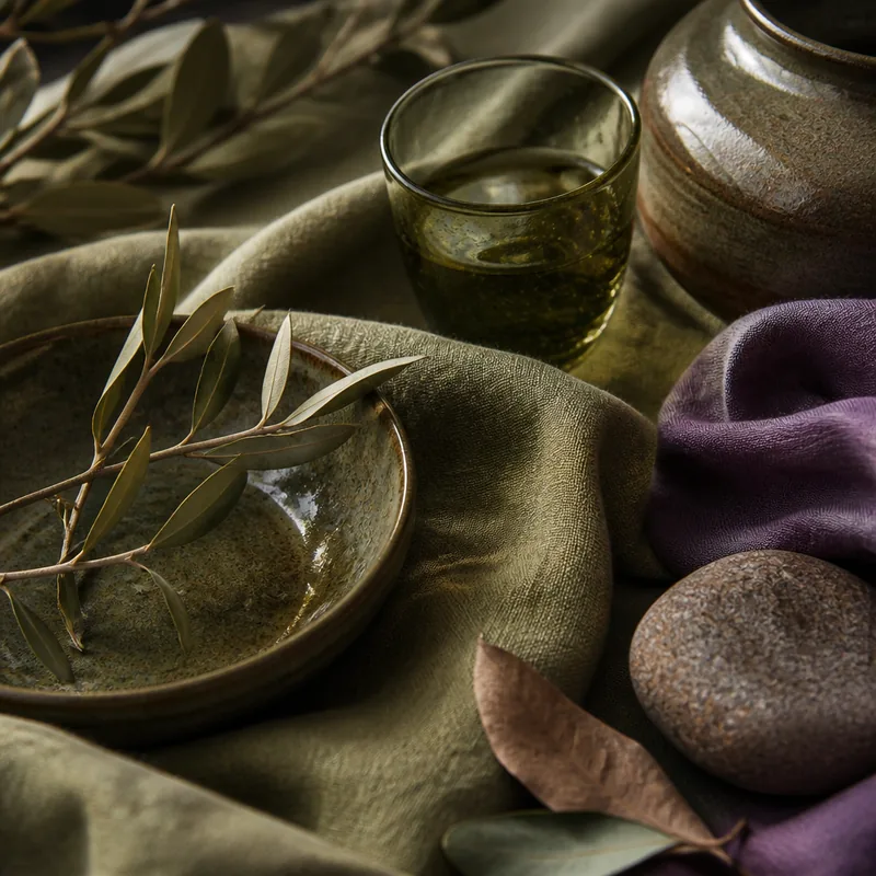 Olive Green #708238 material mood study for a earthy / nature palette