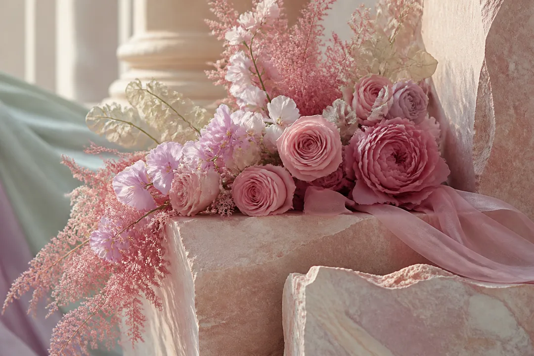 Rose Gold #B76E79 flat-lay using the wedding / romantic color palette