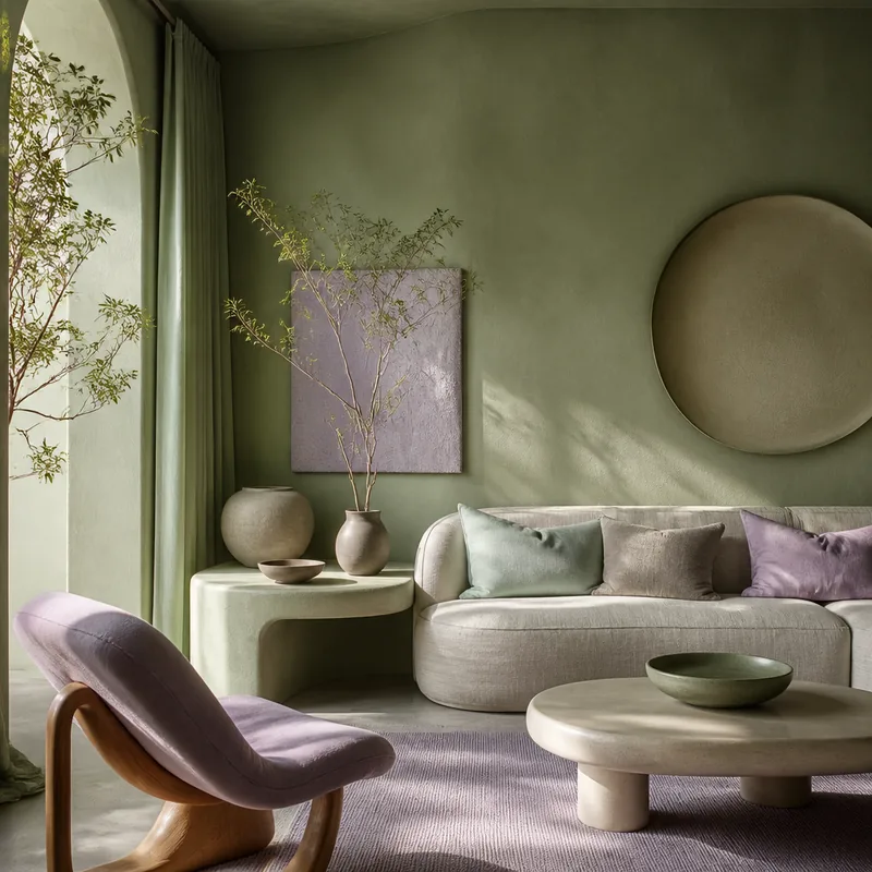 Sage Green #9CAF88 material mood study for a interior palette
